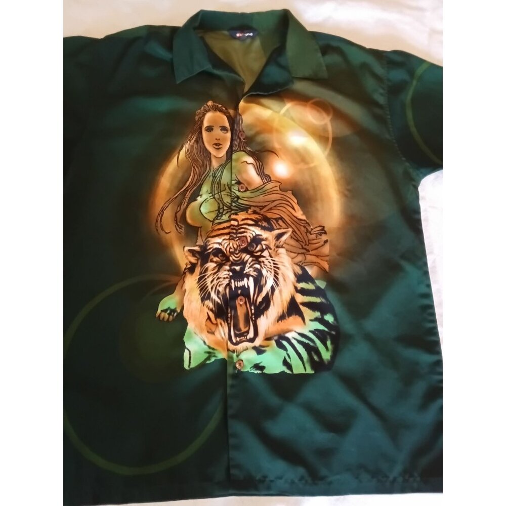 Bignd Mens Girl with Tiger Button Shirt Size L Oversized Club Rave Fantasy Anime